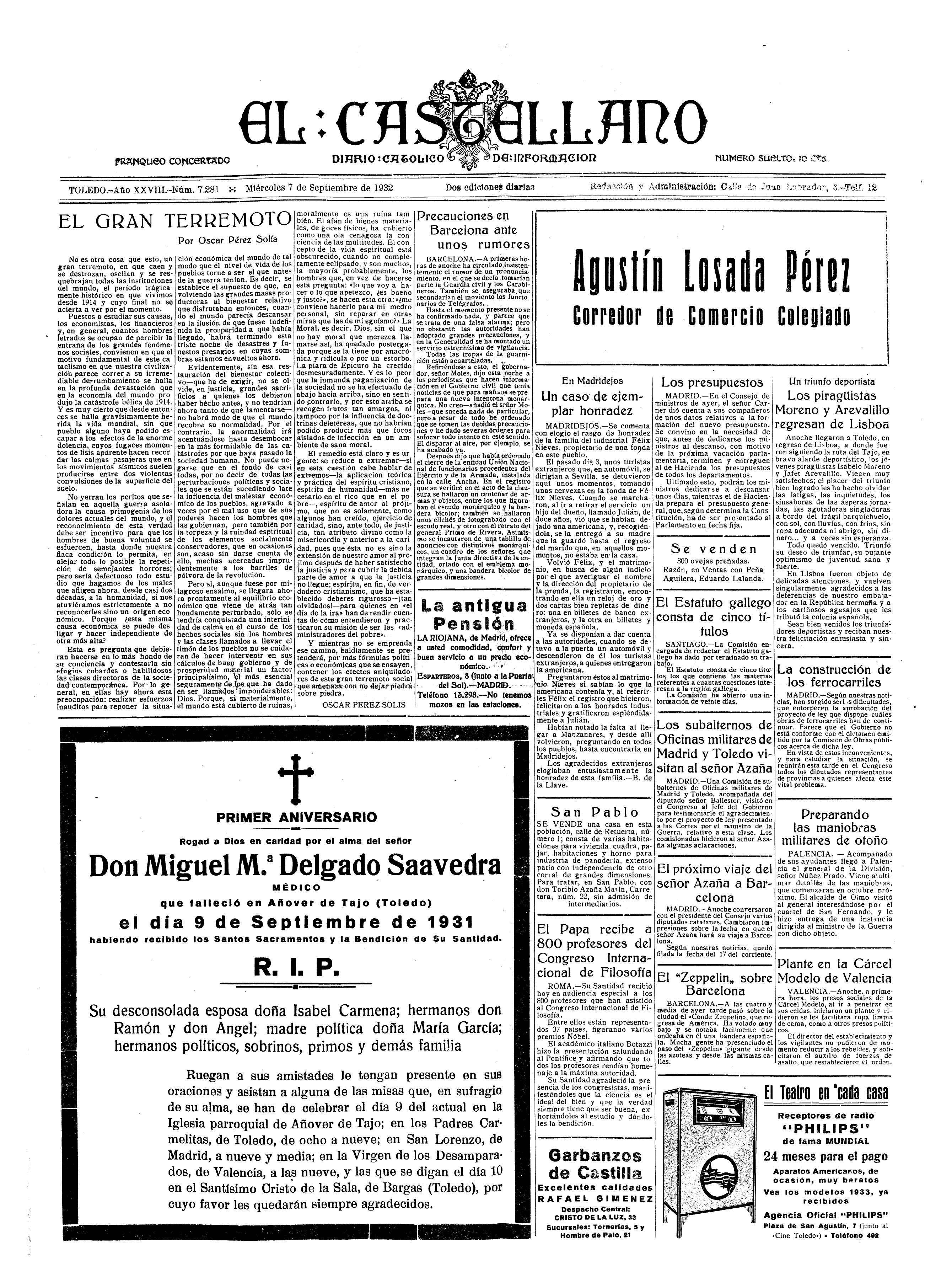 El Castellano, 7-sep-1932, nº 7.281, p. 1 - primer aniversario de Miguel María Delgado Saavedra