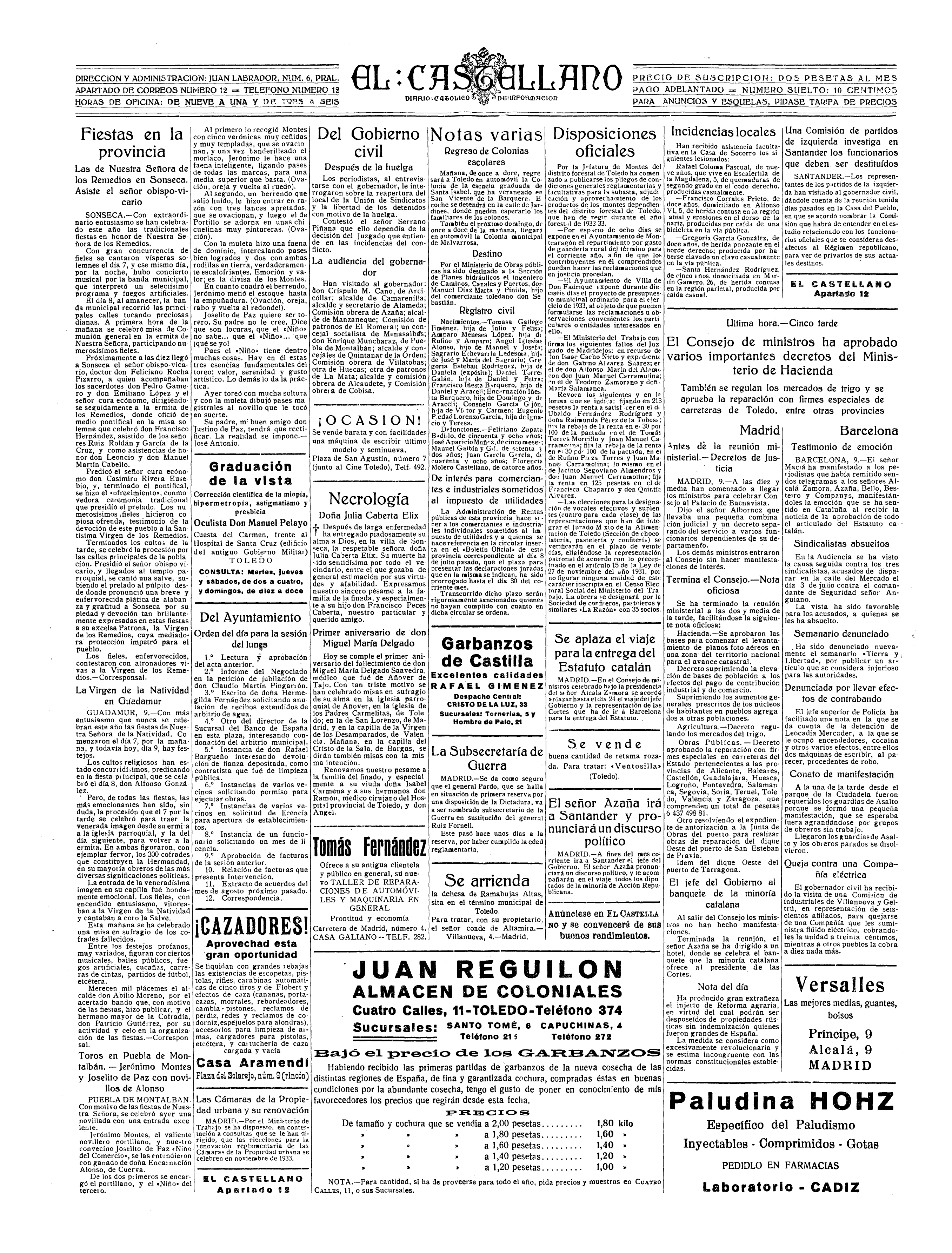 El Castellano, 9-sep-1932, nº 7.283, p. 4 - primer aniversario de Miguel María Delgado Saavedra