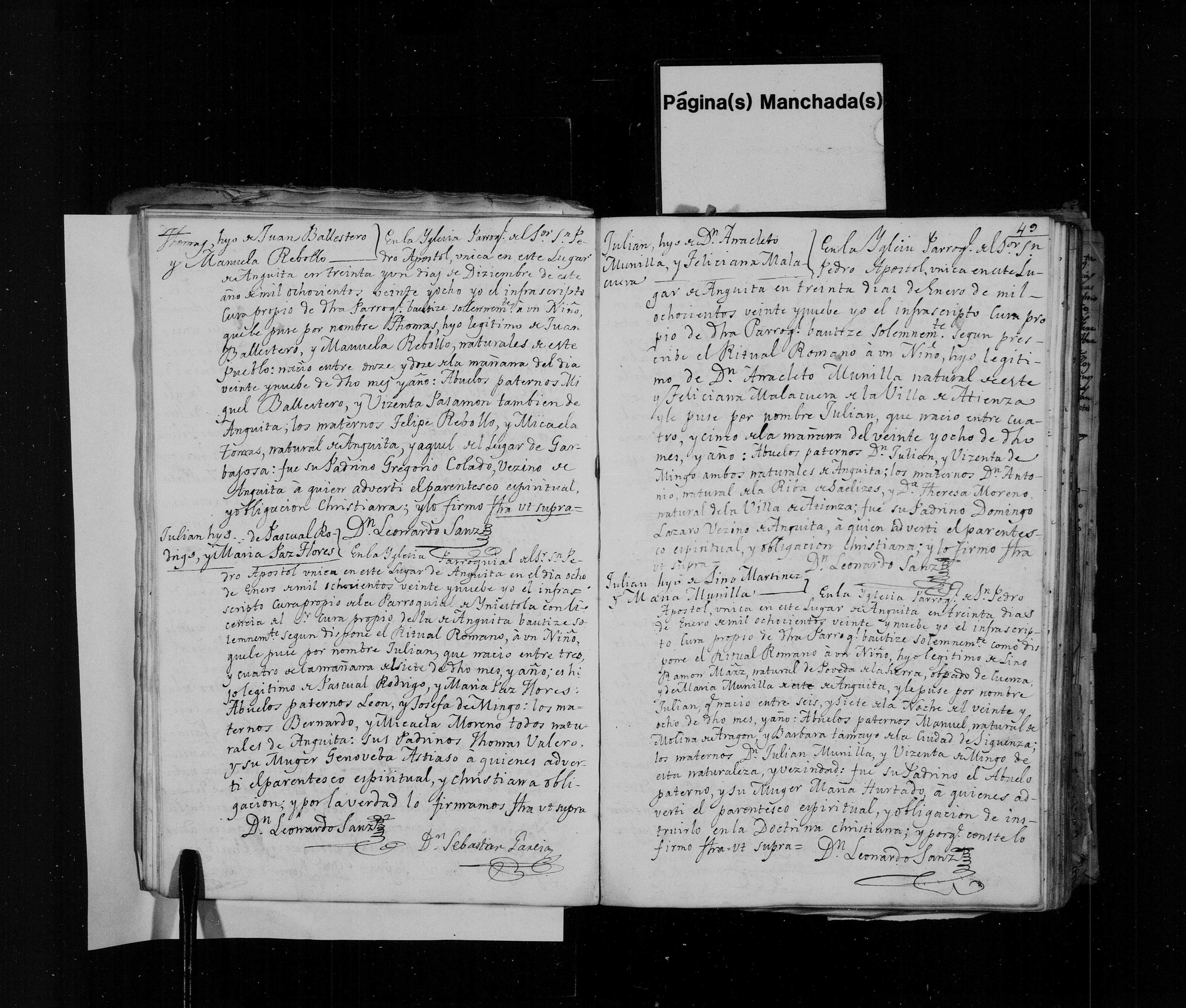 Bautismos de Anguita dic-1828/ene-1829: Tomás Ballestero Rebollo, Julián Rodrigo Flores (padrinos Tomás Valero y Genoveva Astiaso), Julián Munilla Malacuera, Julián Martínez Munilla - img. 941
