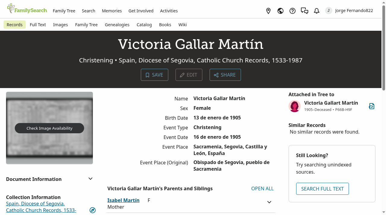 Registro FS (66Q3-7N2Y) - bautismo de Victoria Gallart Martín, hermana (1905)