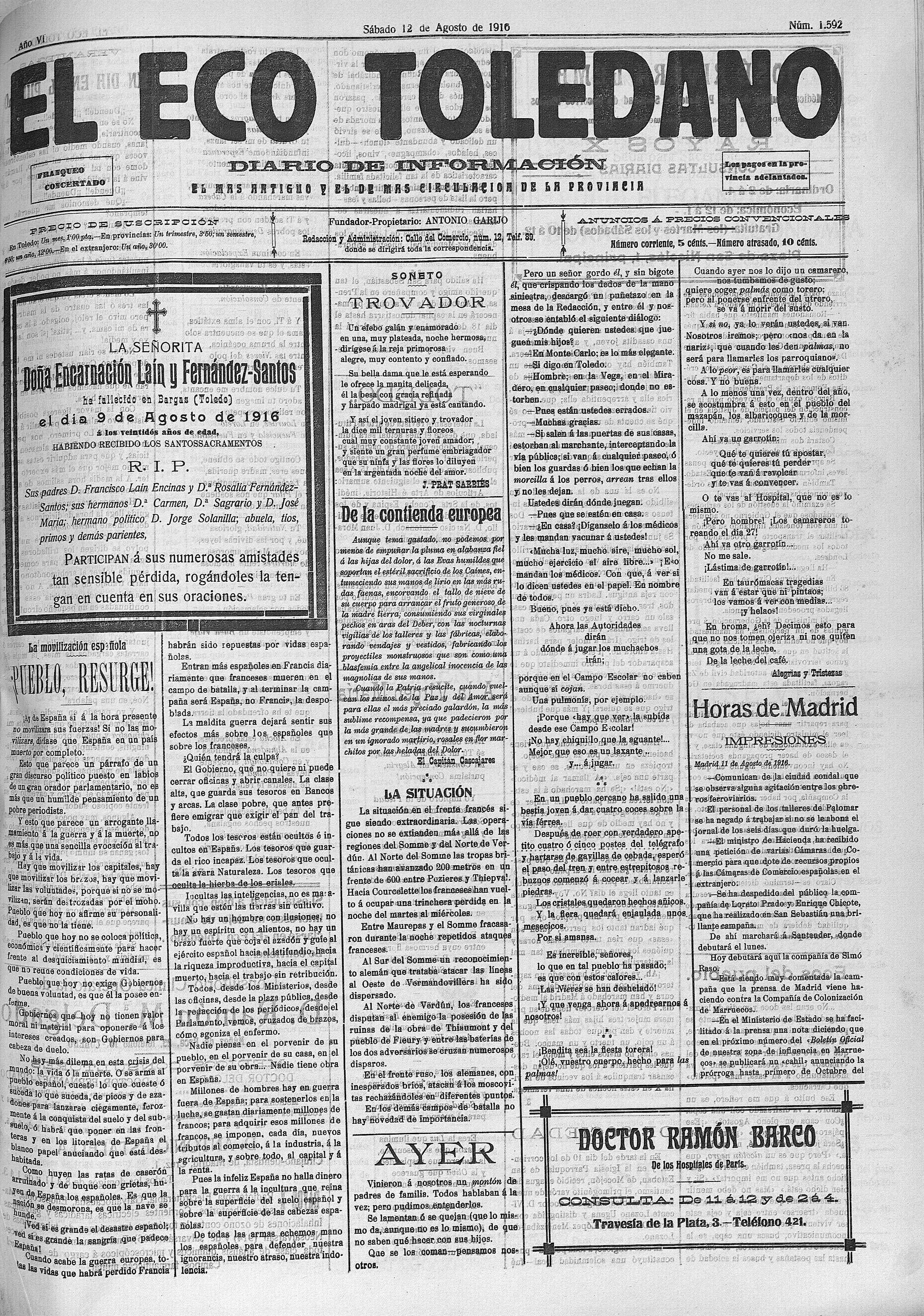 Esquela de Encarnación Laín Fernández-Santos - El Eco Toledano, 12-ago-1916, nº 1.592, p. 1