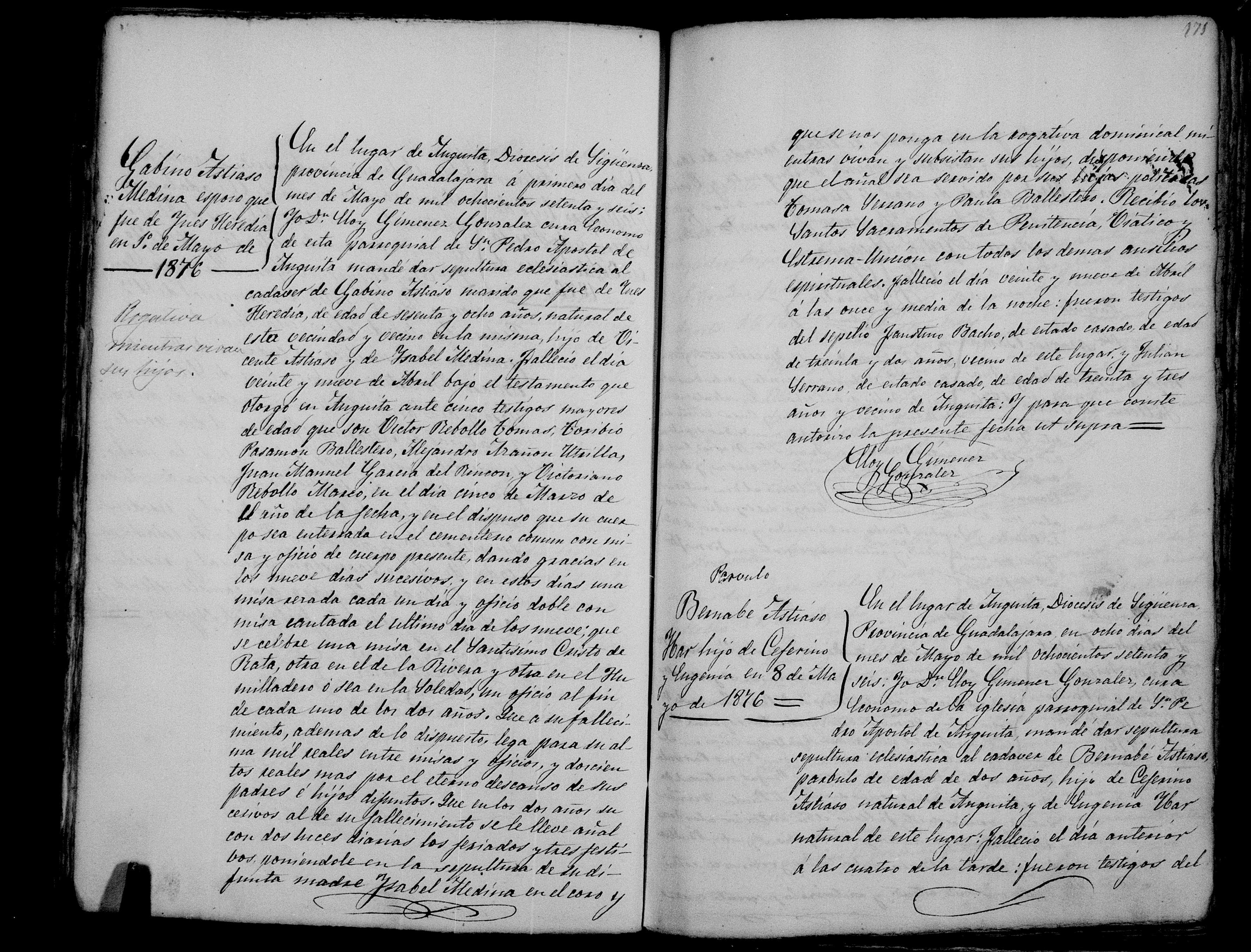 Defunción de Gabino Astiaso Medina, Anguita 1-may-1876 (film 3QS7-L92H, defunciones de San Pedro de Anguita)