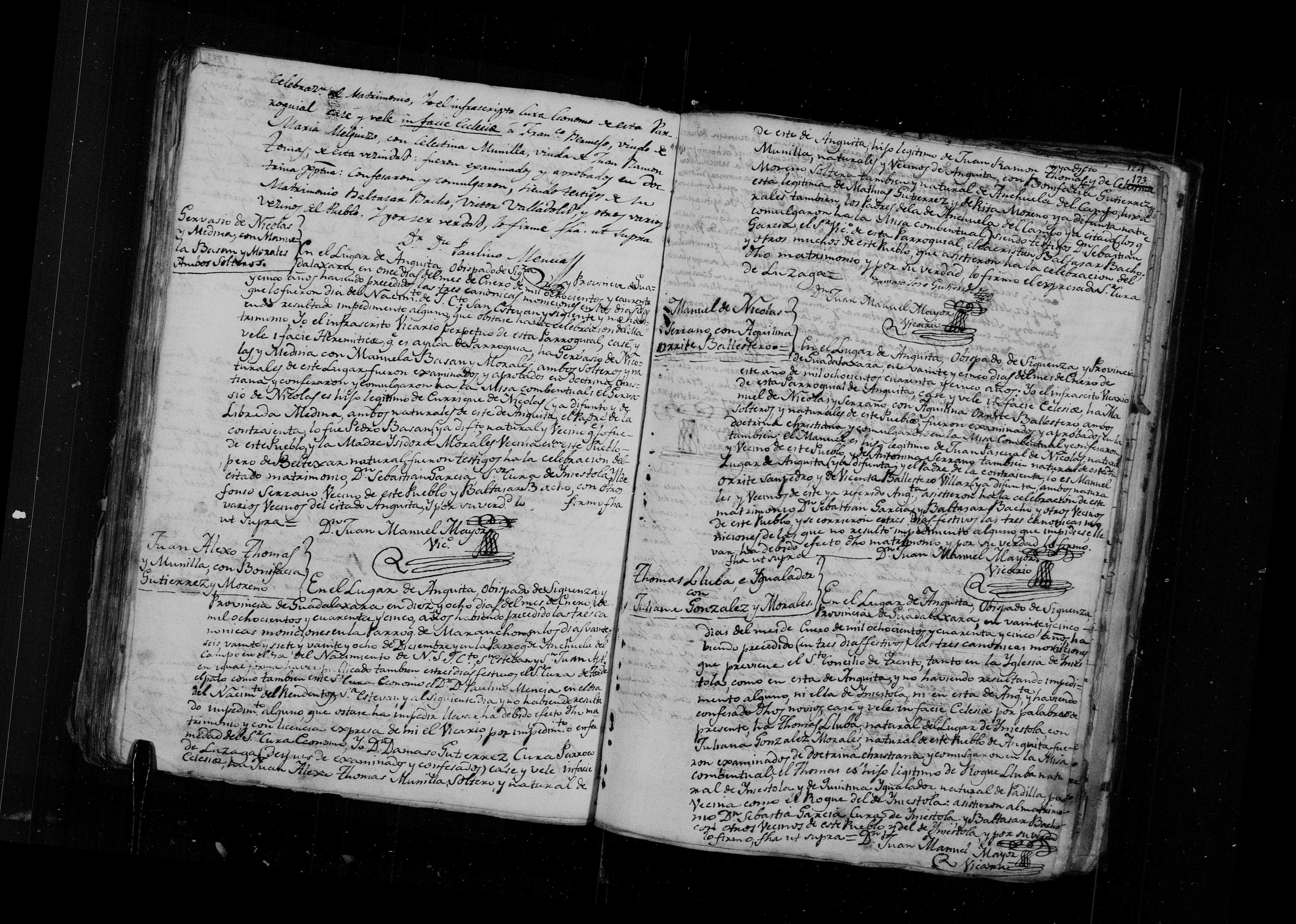 Libro 4º Matrimonios Anguita, f. 172-172v (img. 2397) - fin de Francisco Bermejo × Celestina Munilla; Gervasio de Nicolás × Manuela Basán (11-ene-1845)