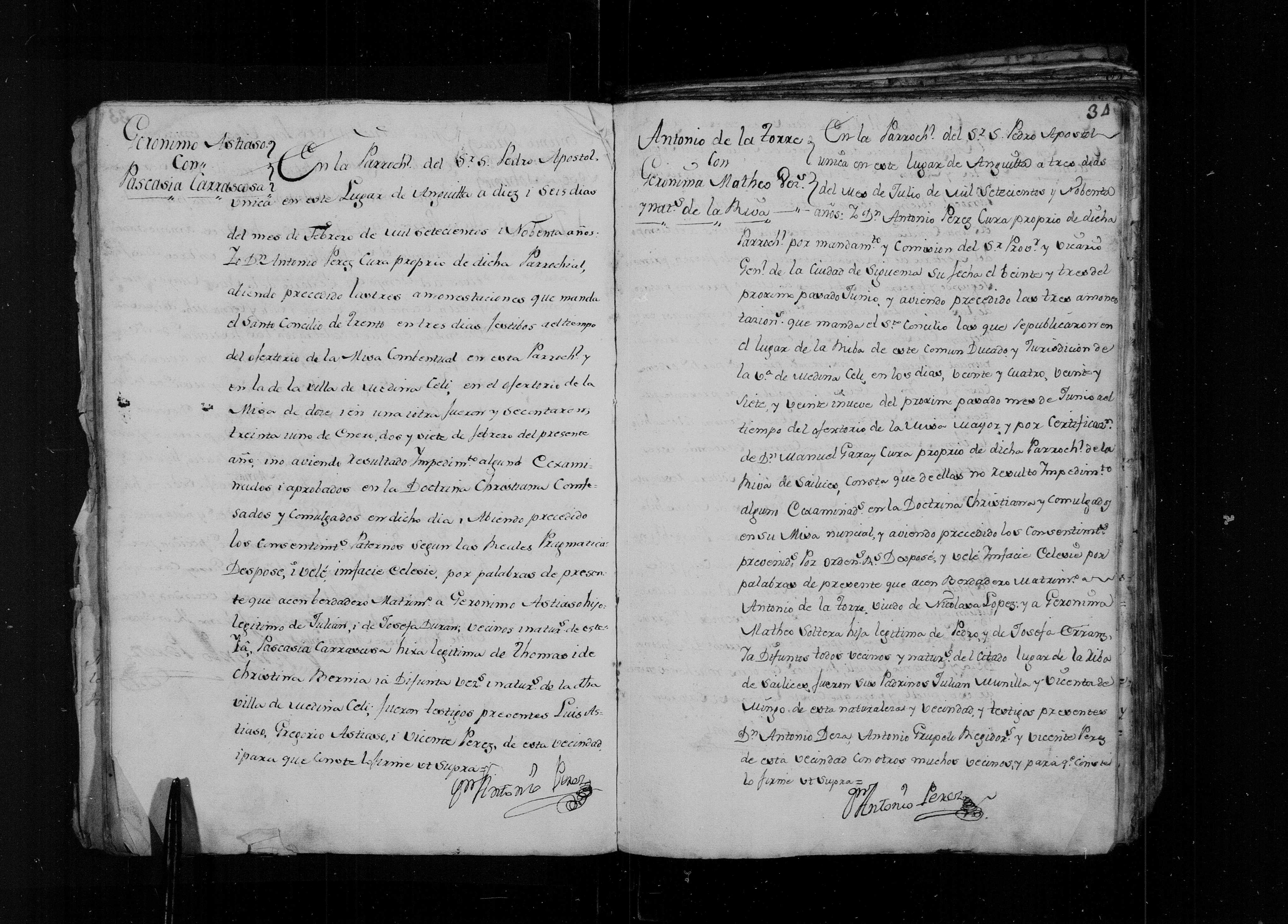Matrimonio de Gerónimo Astiaso × Pascasia Carrascosa, 16-feb-1770 - Libro 4º f. 33v (img. 2257)
