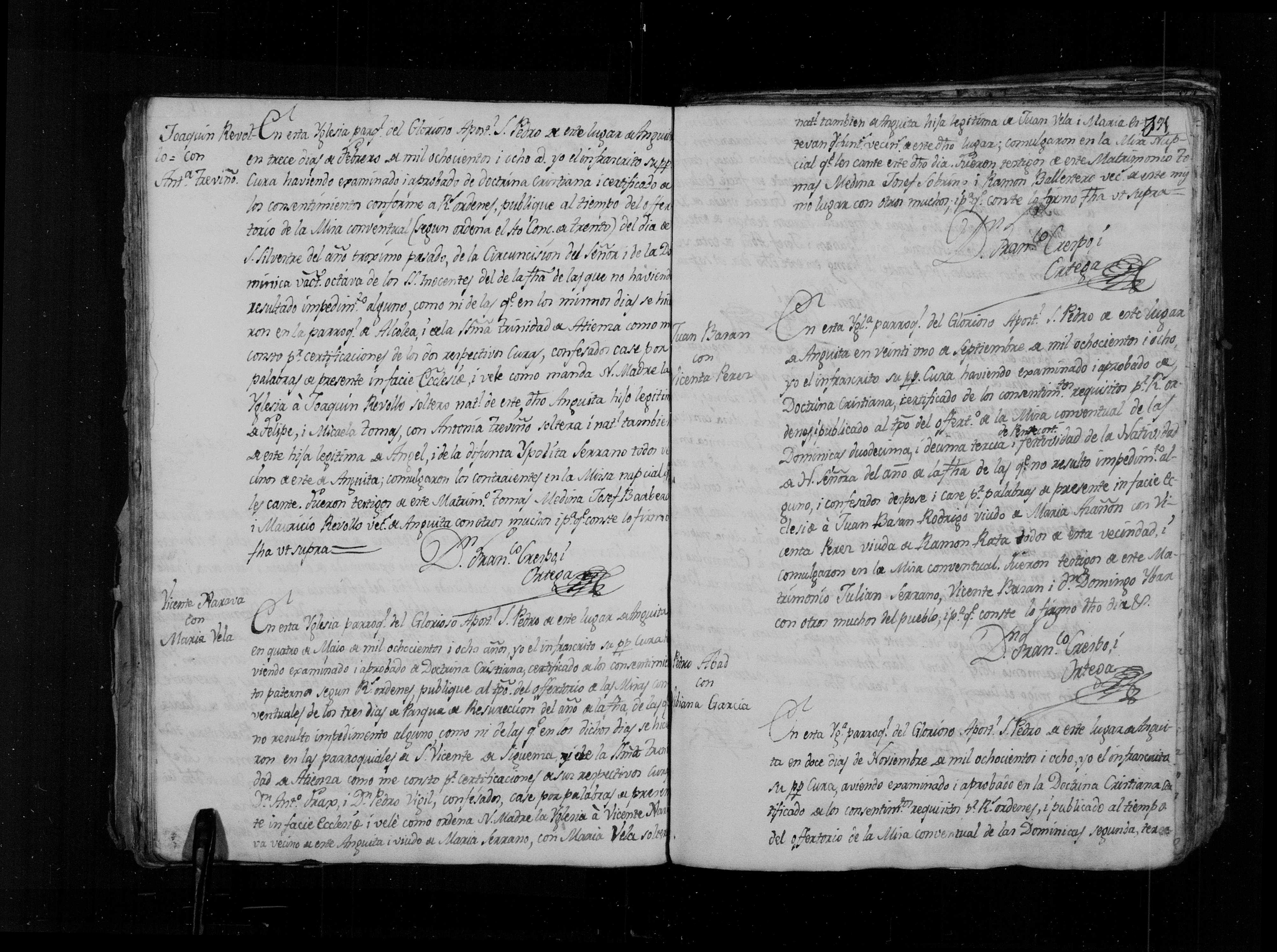 Matrimonios de 1808: Joaquín Revollo × Antonia Treviño (13-feb), Vicente Narva × María Vela (4-may), Juan Basán Rodrigo × Vicenta Pérez (21-sep) - Libro 4º, img. 2315