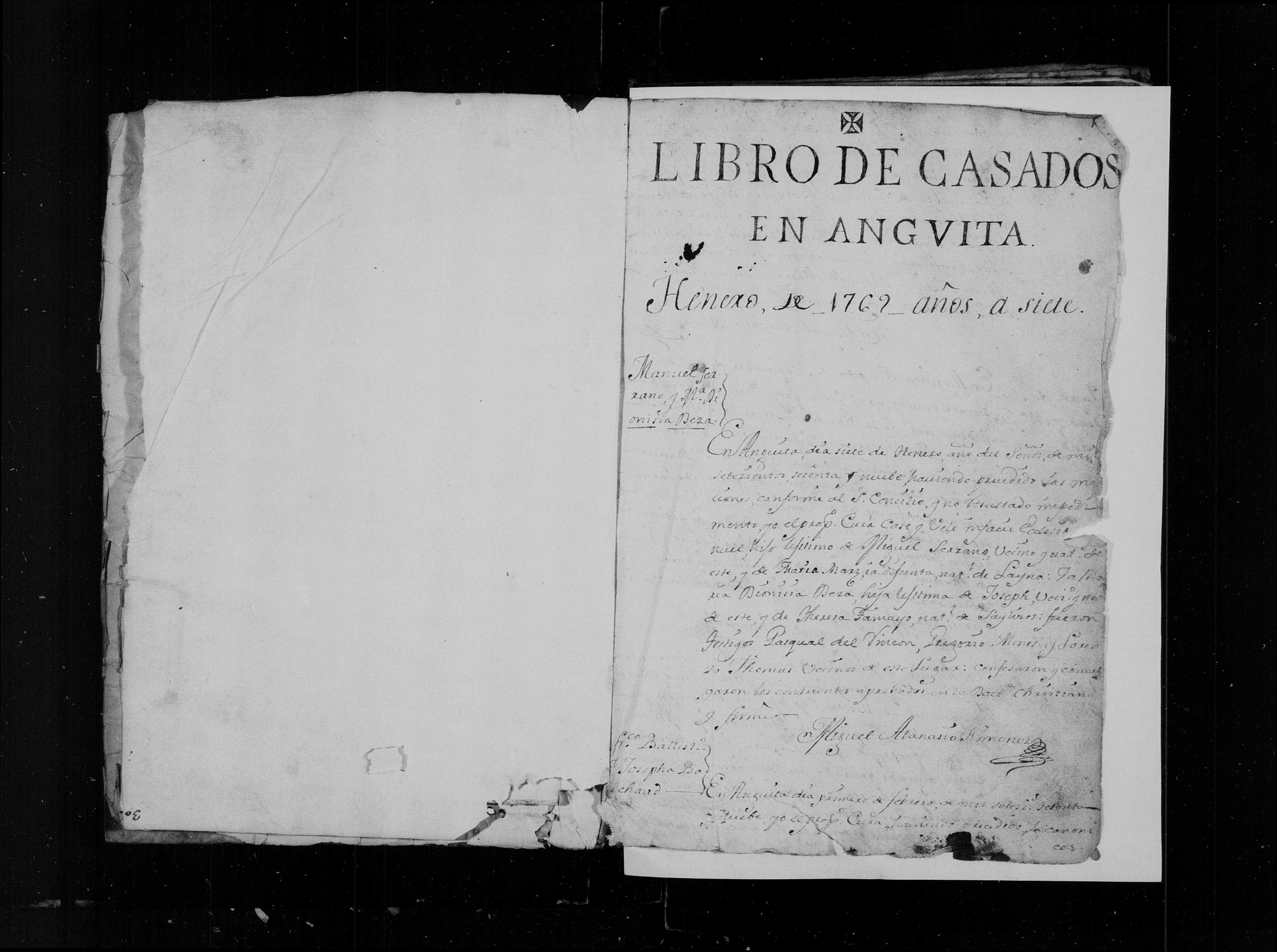 Portada e inicio del Libro 4º de Matrimonios de Anguita (1769), img. 2198 - primer asiento: Francisco Ballestero × Josepha Bouchaud
