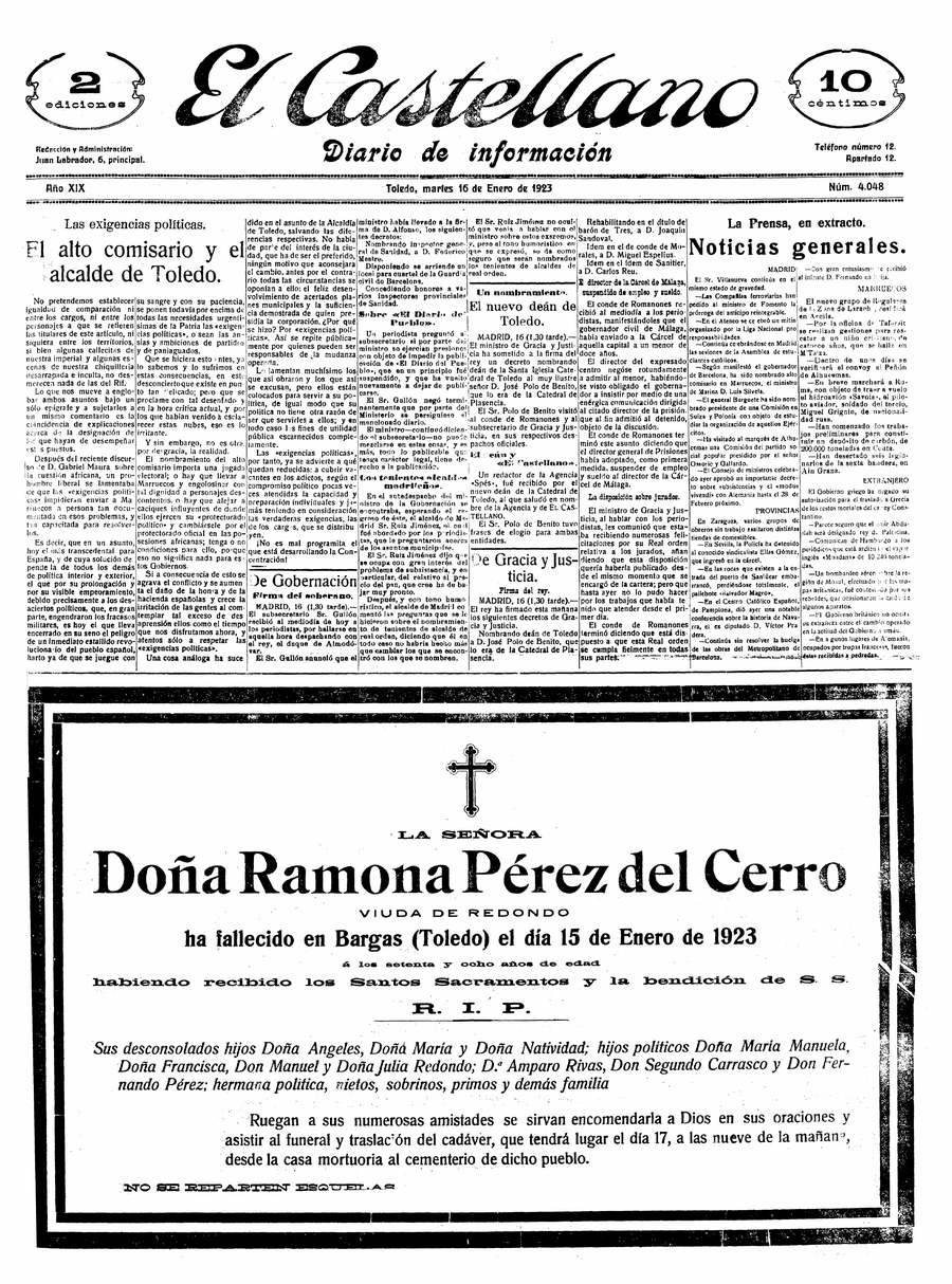 El Castellano, 16-ene-1923, nº 4.048, p. 1 - esquela de Ramona Pérez del Cerro, viuda de Redondo