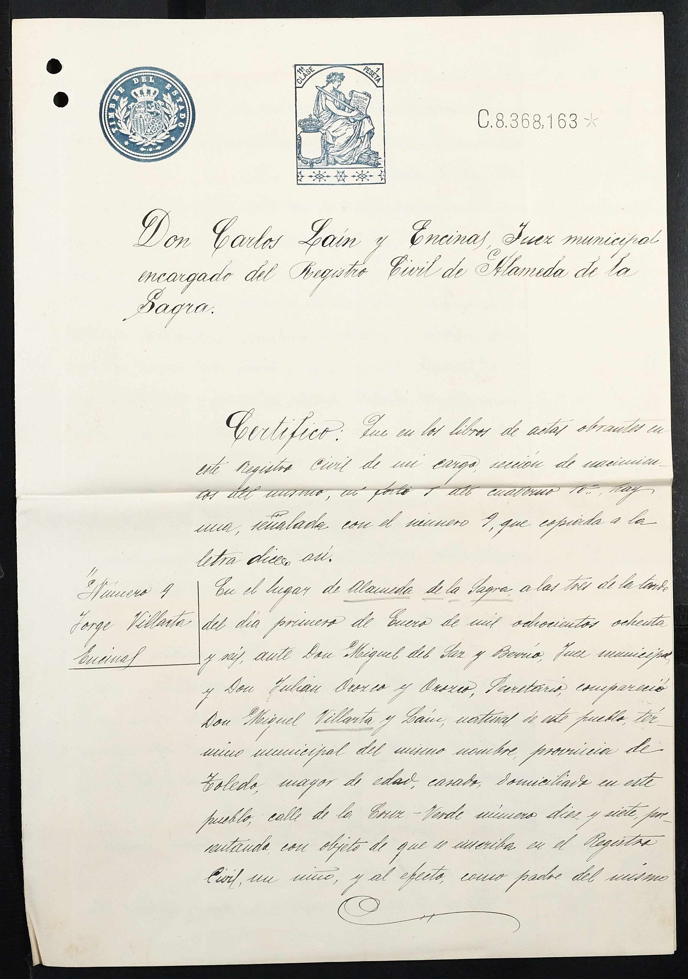 Registro Civil de Alameda de la Sagra, nacimientos 1886, inscripción 9 - nacimiento de testimonio familiar Villarta Encinas (1-ene-1886), certificación expedida el 30-nov-1915 por el juez Carlos Laín y Encinas (página 1)