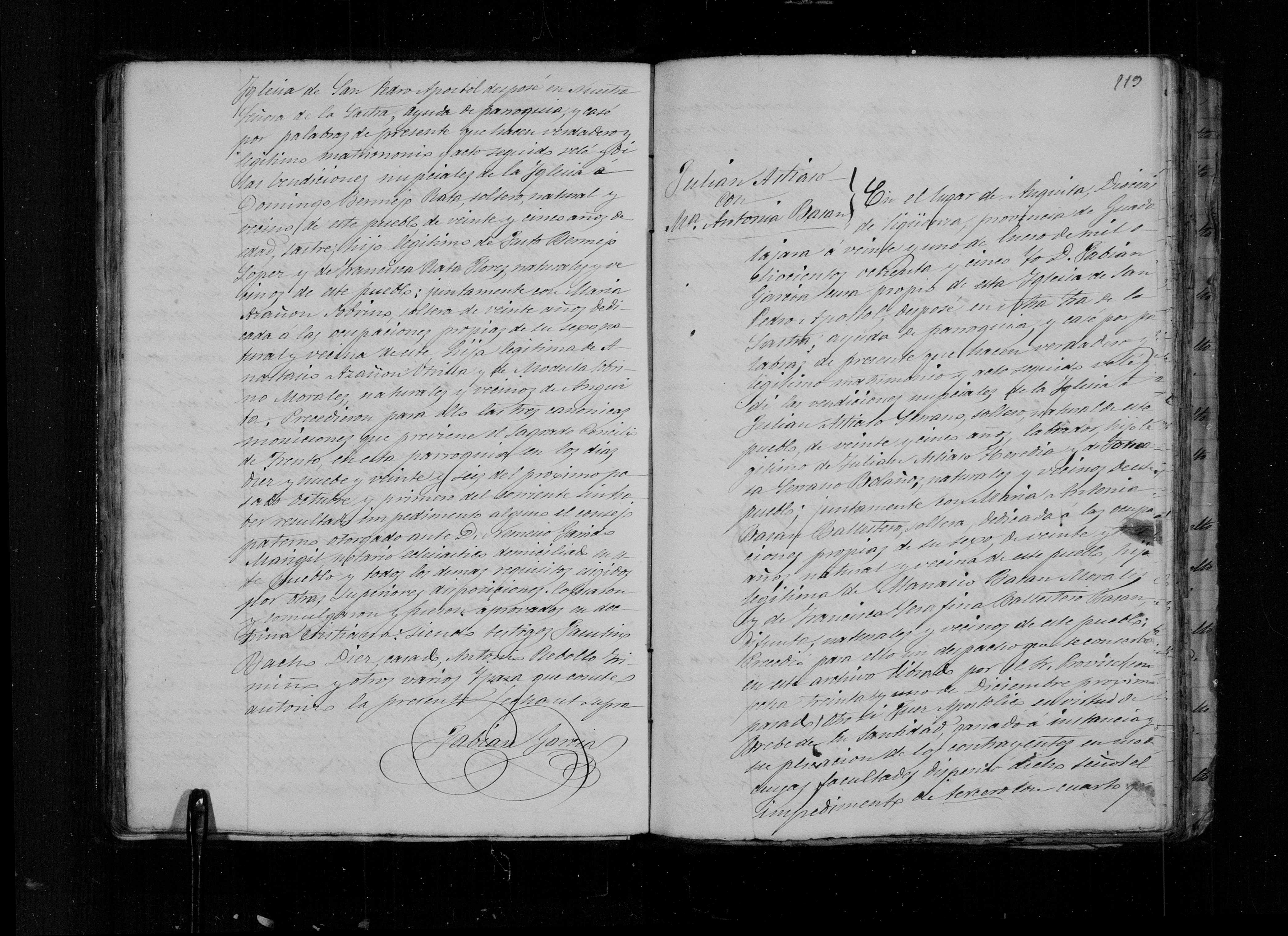 Matrimonio de Julián Astiaso Serrano y María Antonia Basán Ballestero, Anguita 21-ene-1885 (Libro 5º, f. 119)