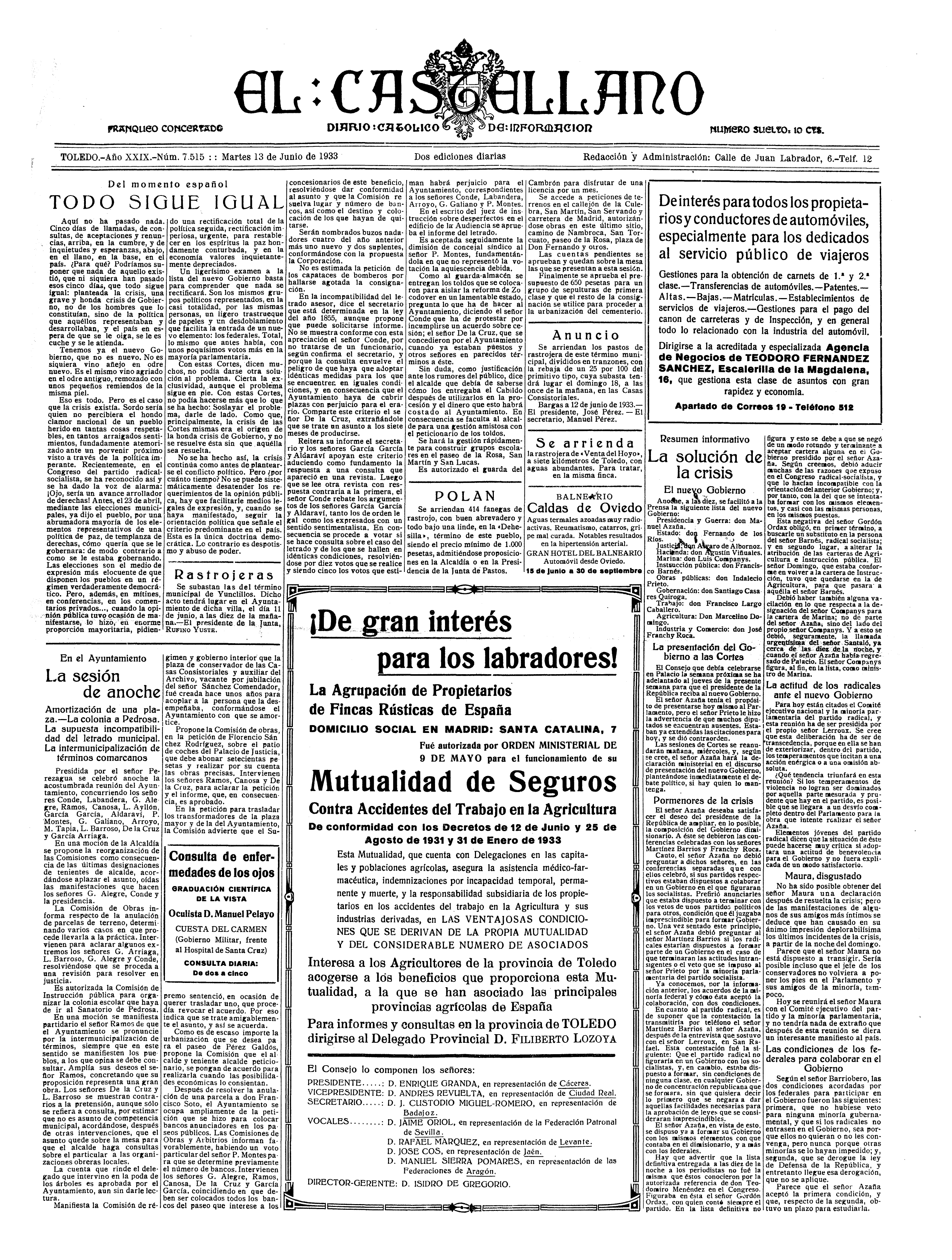 El Castellano, 13-jun-1933, nº 7.515 - director del Hospital Provincial