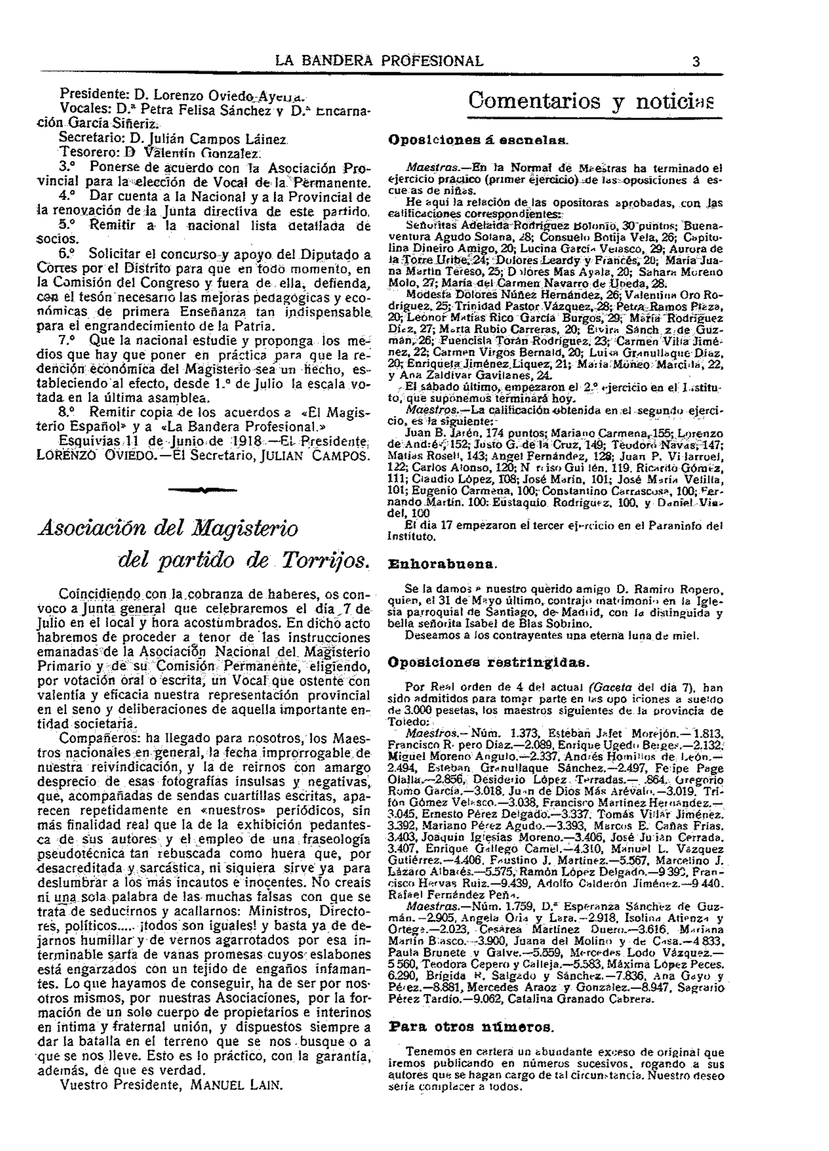 La Bandera Profesional, 20-jun-1918, nº 632, p. 3 - Laín del partido de Illescas/Escalona