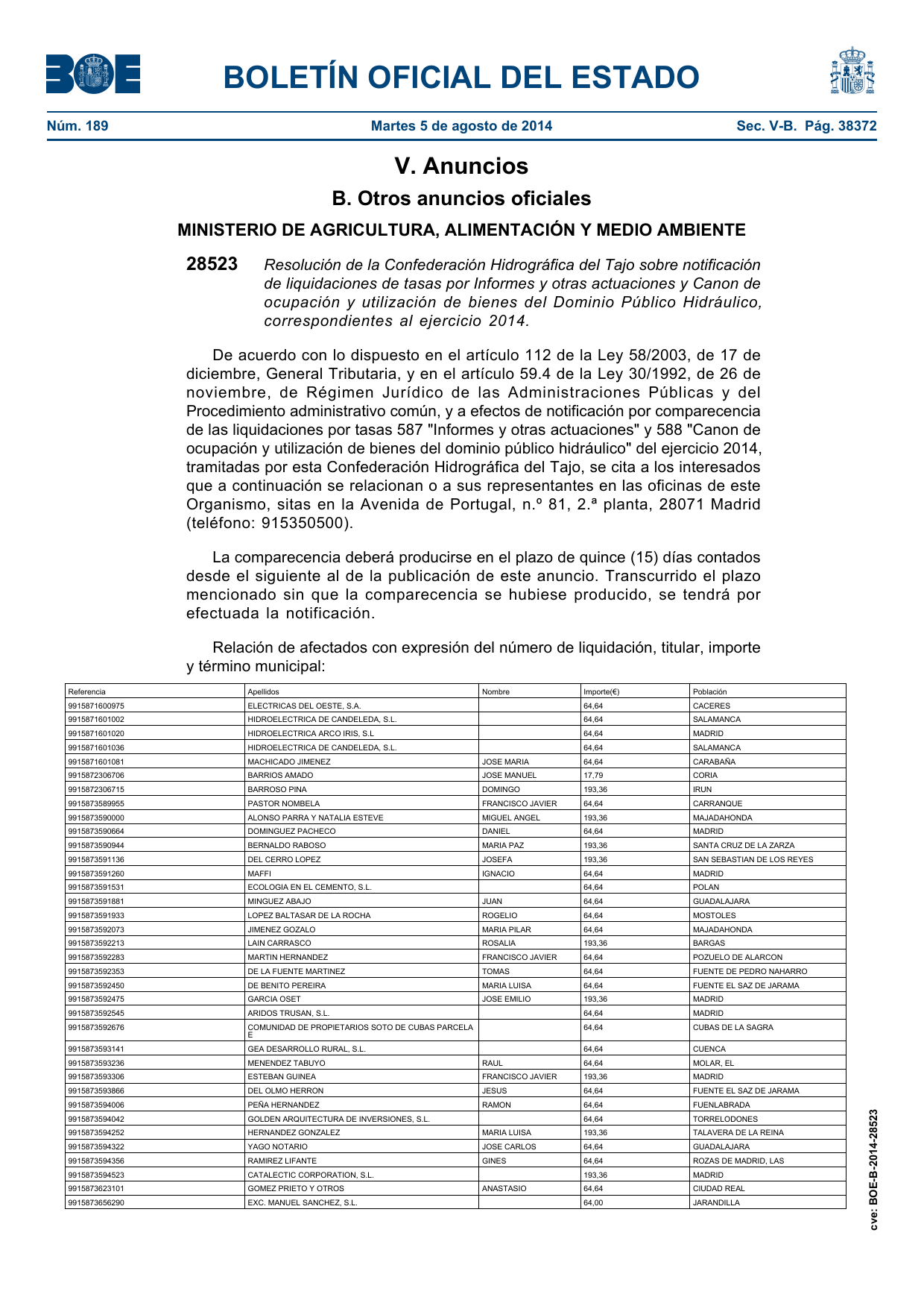 BOE-B-2014-28523 (5-ago-2014) - anuncio de la Confederación Hidrográfica del Tajo