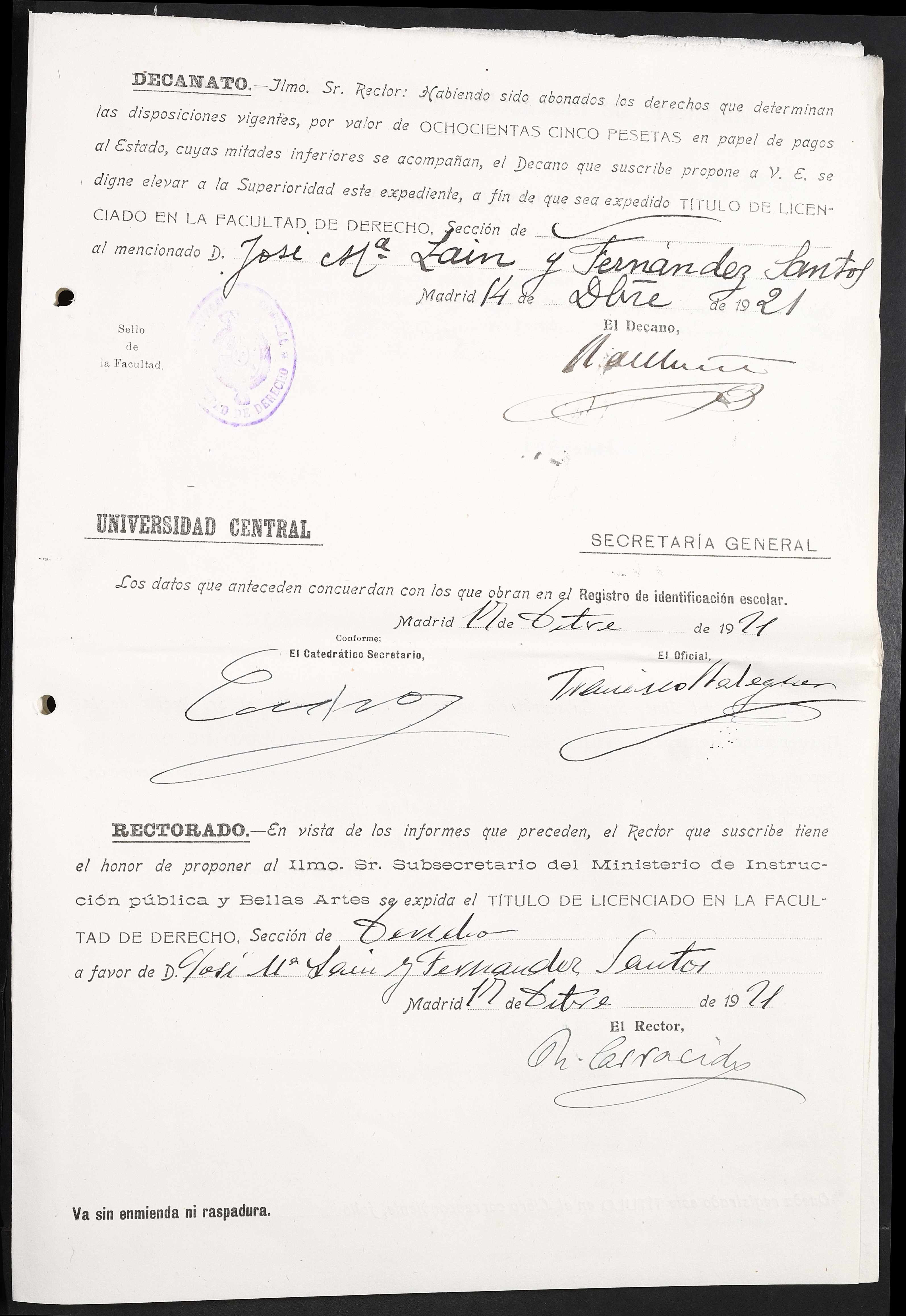 Universidad Central, Facultad de Derecho - propuestas del Decano y del Rector para el Título de Licenciado de José María Laín y Fernández-Santos (diciembre de 1921)