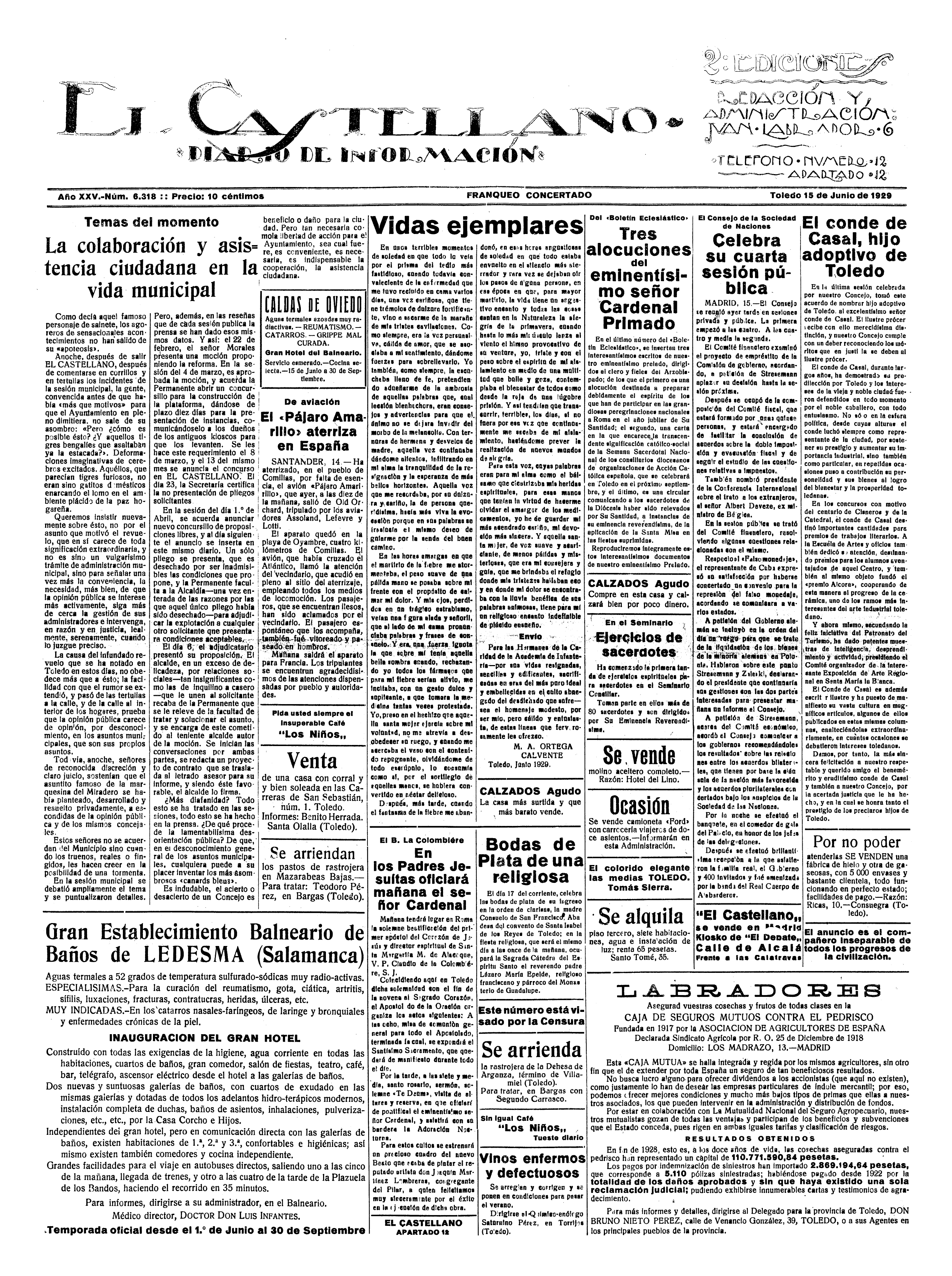 El Castellano, 15-jun-1929, nº 6.318, p. 1 - anuncio de la Caja de Seguros Mutuos contra el Pedrisco, agente en Bargas Segundo Carrasco
