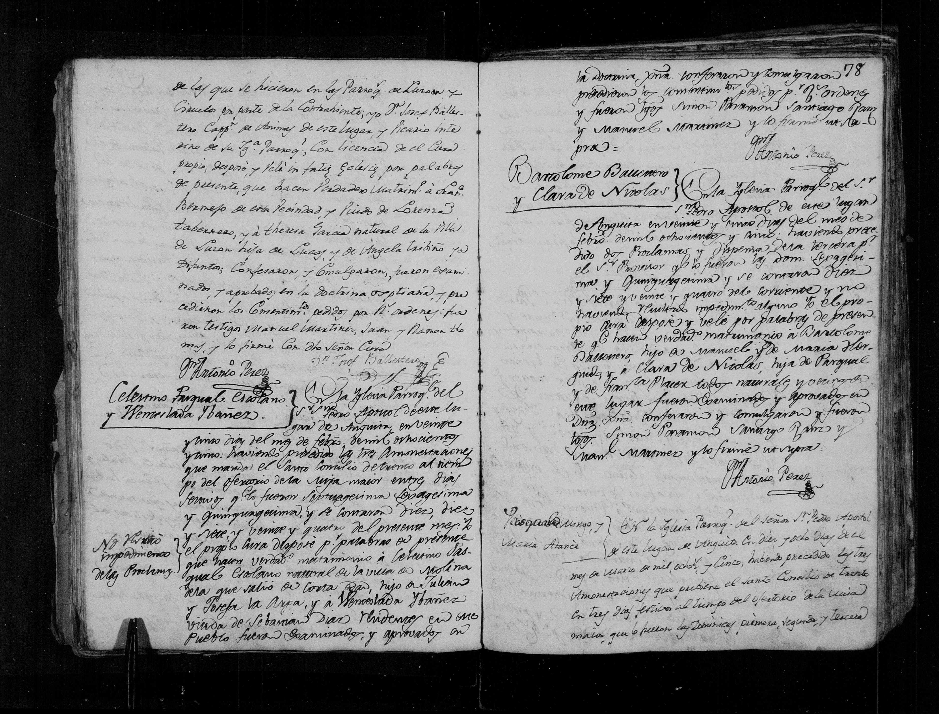 Matrimonios de 1805: Francisco Bermejo × Teresa García, Celestino Pascual Escolano × Wenceslada Ibáñez, Bartolomé × Clara de Nicolás, Pascual Mingo × María Atance - Libro 4º, img. 2302