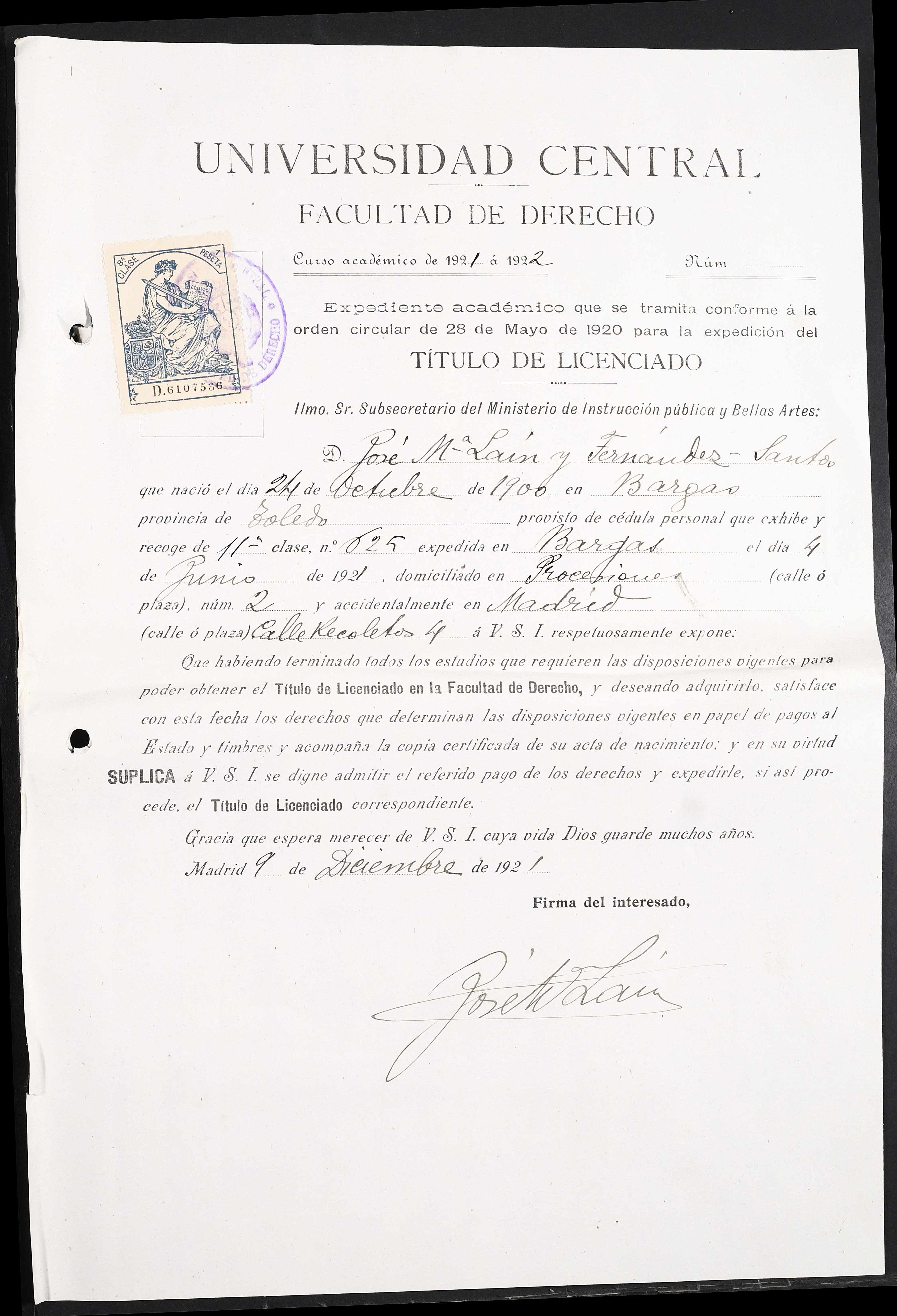 Universidad Central, Facultad de Derecho, curso 1921-1922 - solicitud de expedición del Título de Licenciado de José María Laín y Fernández-Santos (Madrid, 9-dic-1921)