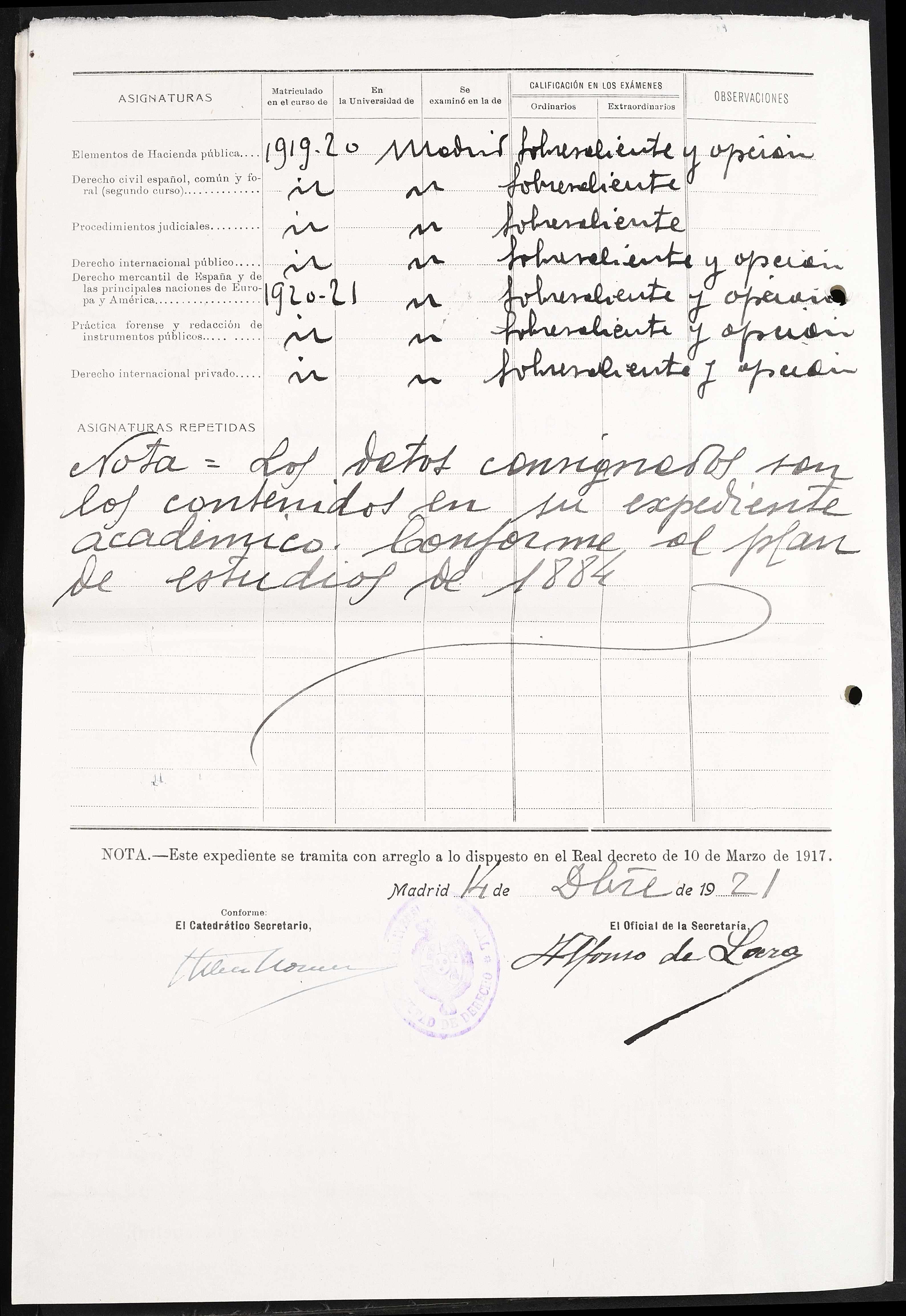 Universidad Central, Facultad de Derecho - vuelta del expediente académico E.R. 2028612 de José María Laín y Fernández-Santos (cursos 1919-20 y 1920-21)