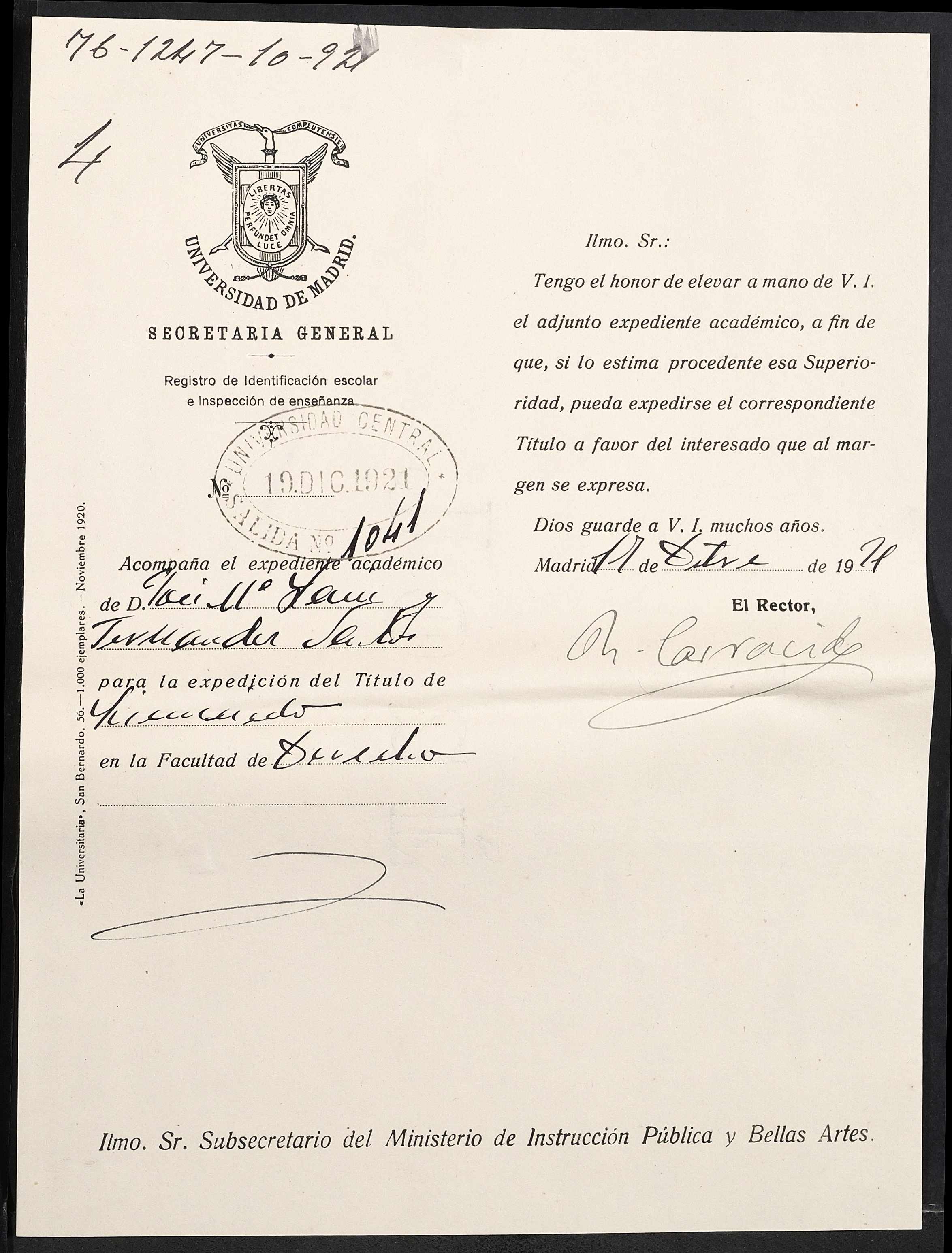 Universidad Central, Secretaría General - oficio del Rector acompañando el expediente académico de José María Laín y Fernández-Santos al Ministerio de Instrucción Pública (Madrid, 17-dic-1921)