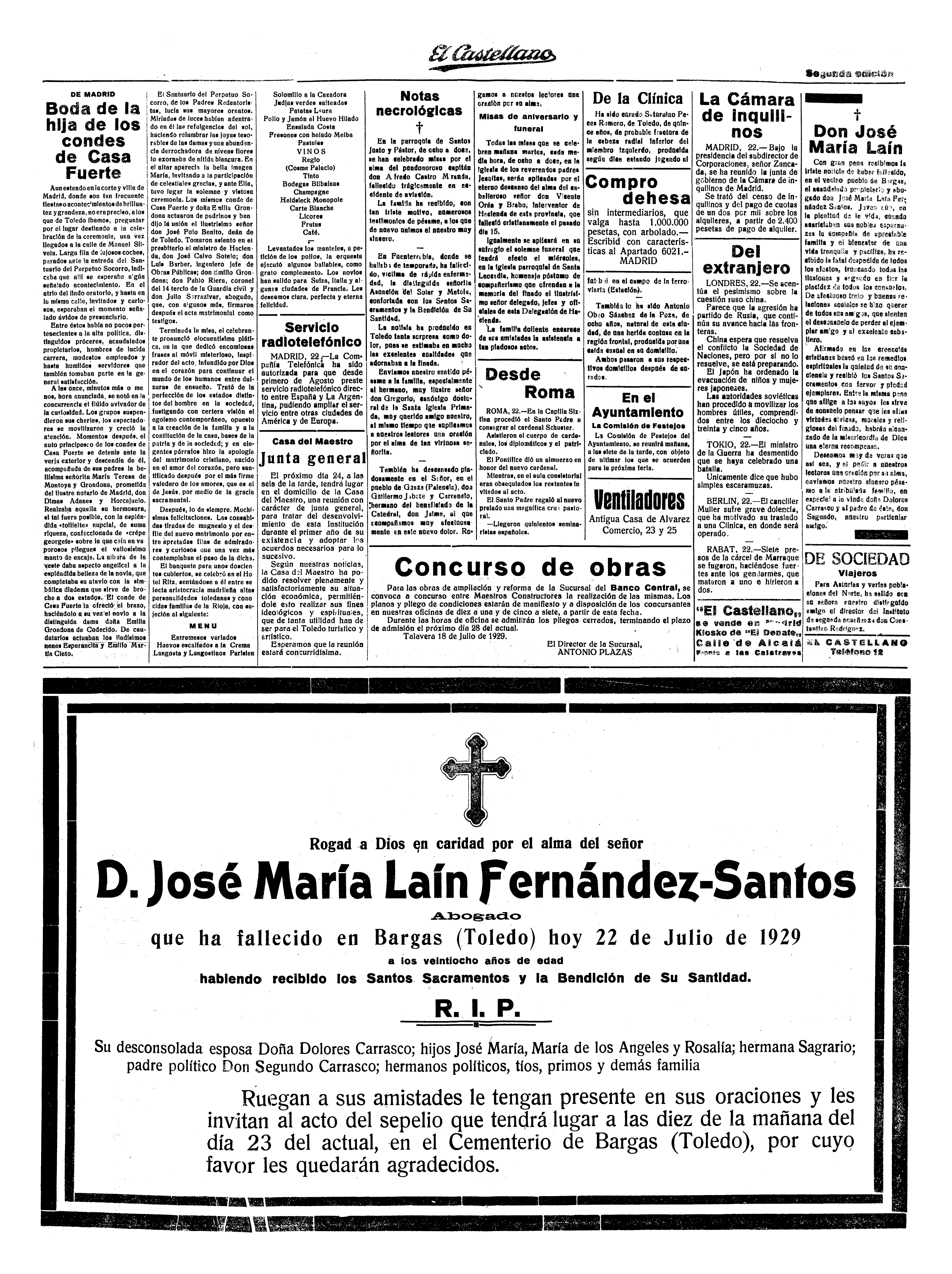 Esquela de José María Laín Fernández-Santos - El Castellano, 22-jul-1929, nº 6.348, p. 4