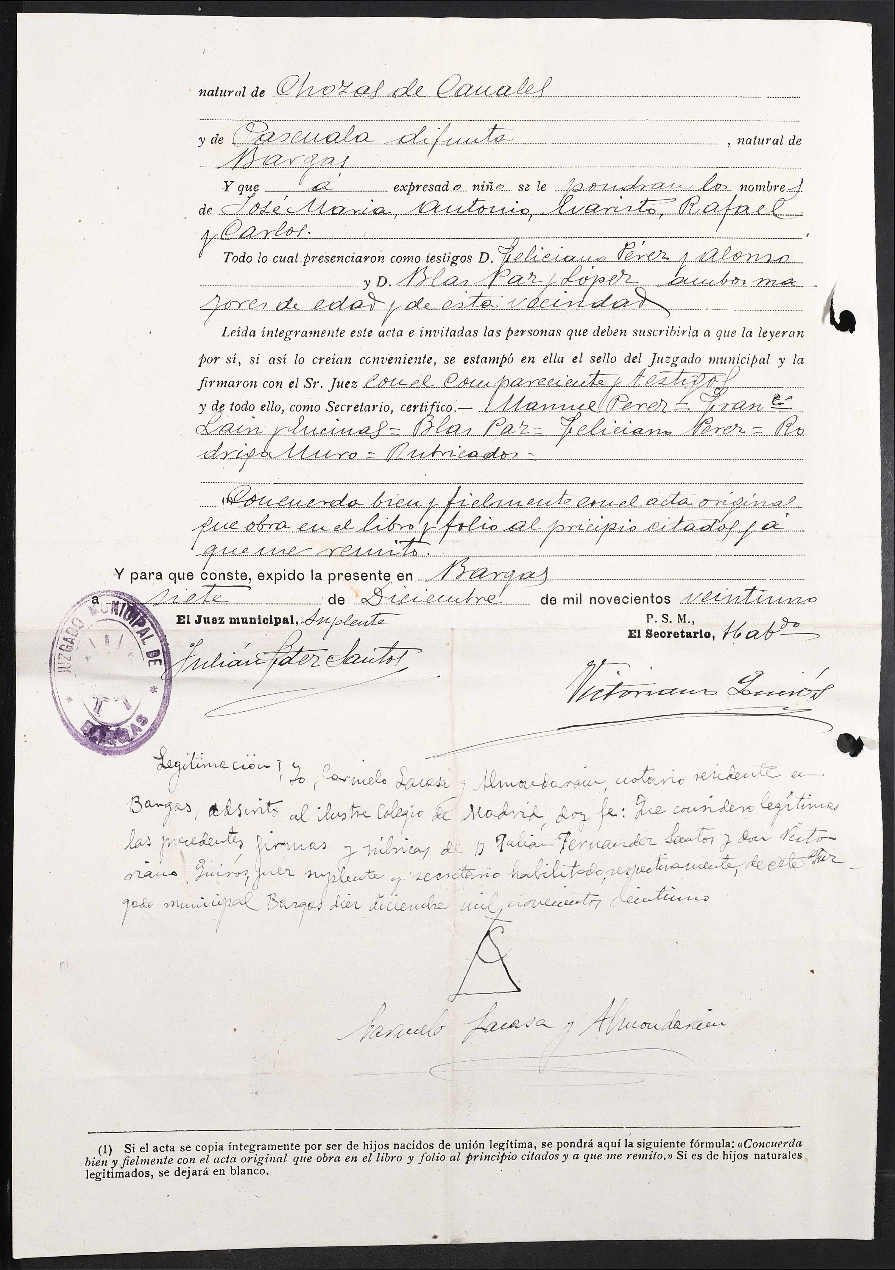 Registro Civil de Bargas, tomo 20, folio 136, inscripción 136 (página 2) - nacimiento de José María Laín y Fernández-Santos (25-oct-1900), certificación en su expediente académico