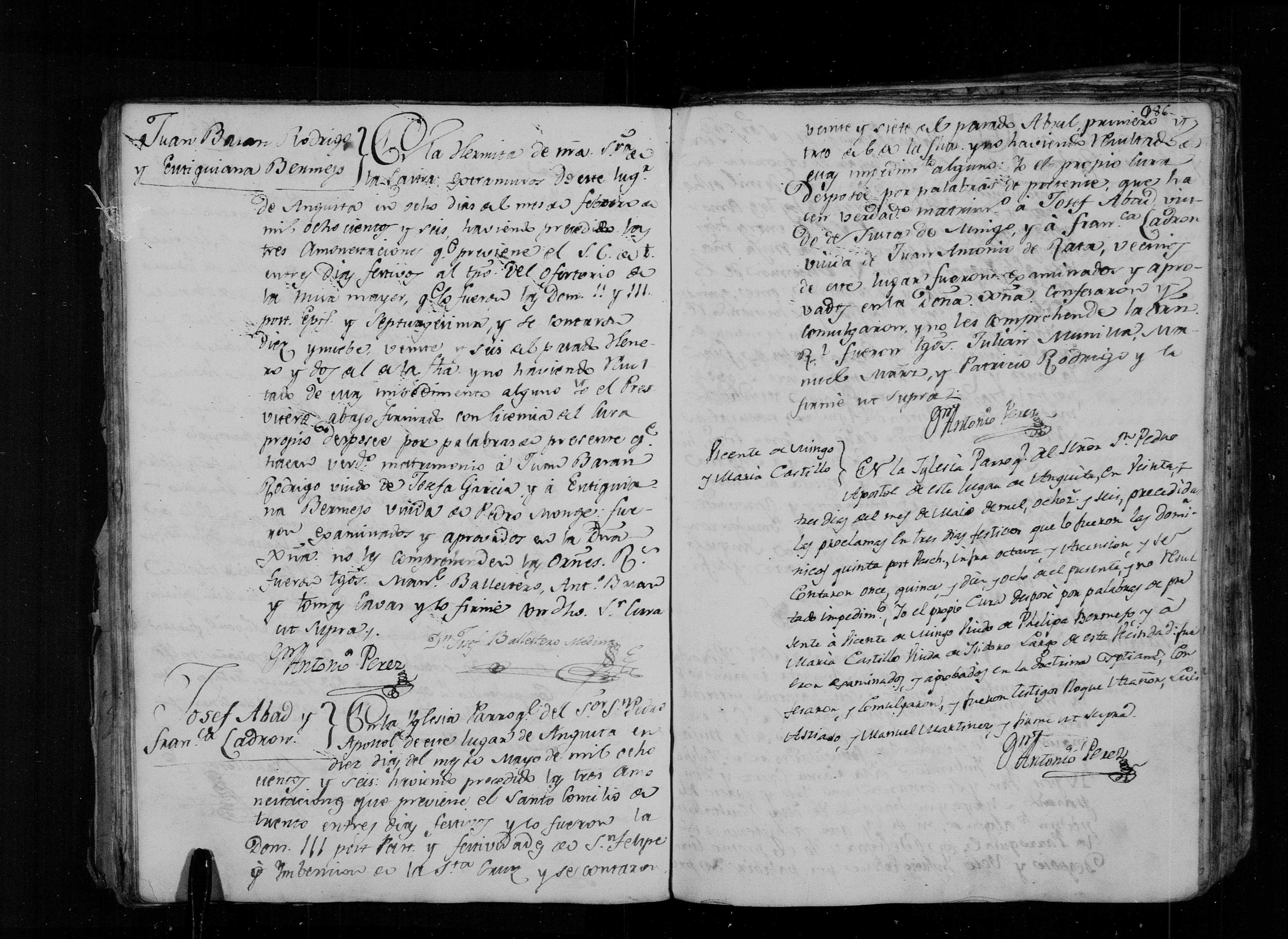 Matrimonios de 1806: Juan Basán Rodrigo × Eutiquiana Bermejo (8-feb), Joseph Abad × Francisca Padrón (10-may), Vicente de Mingo × María Castillo (23-may) - Libro 4º, img. 2310