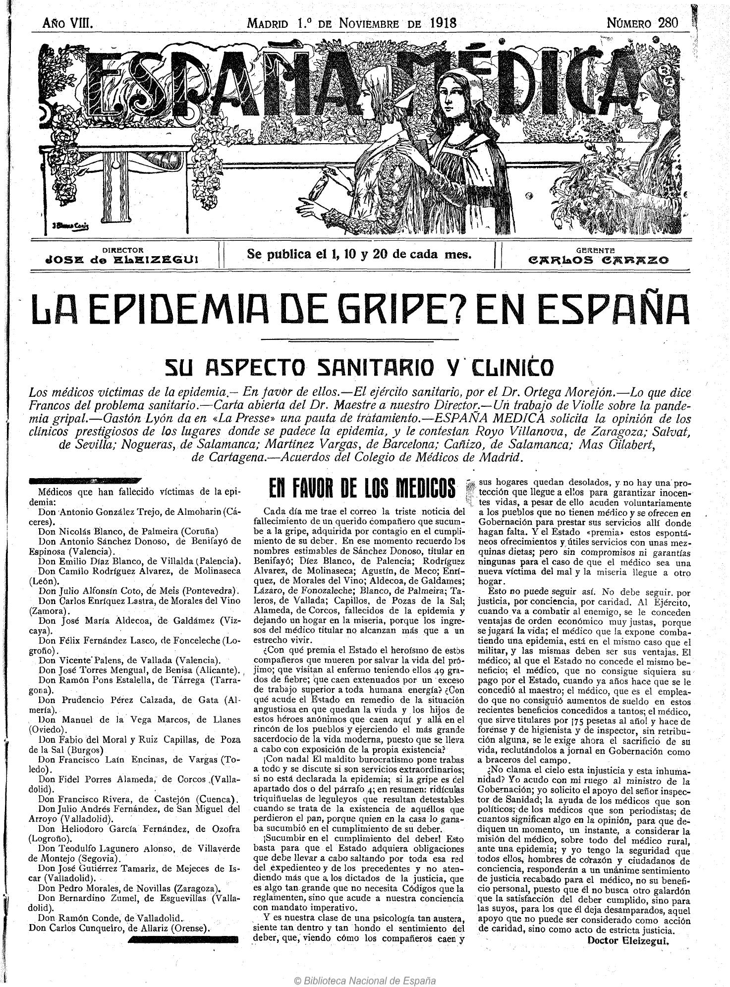 España Médica, Año VIII, nº 280, Madrid, 1-nov-1918, p. 1 - médicos fallecidos en la epidemia de gripe