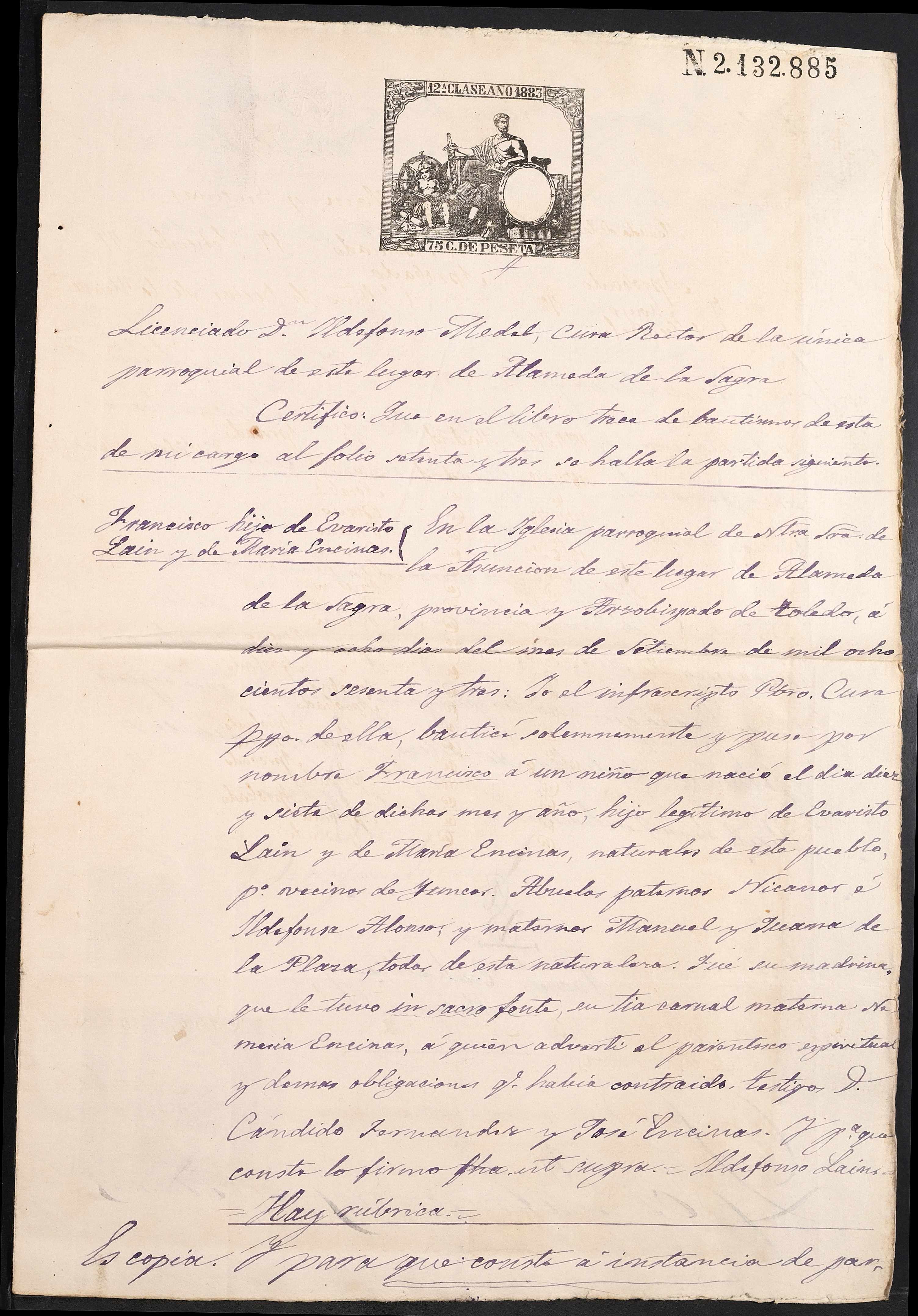 Parroquia de Nuestra Señora de la Asunción de Alameda de la Sagra, libro 13 de bautismos, folio 73 - bautismo de Francisco Laín y Encinas (18-sep-1863), certificación de 17-abr-1883