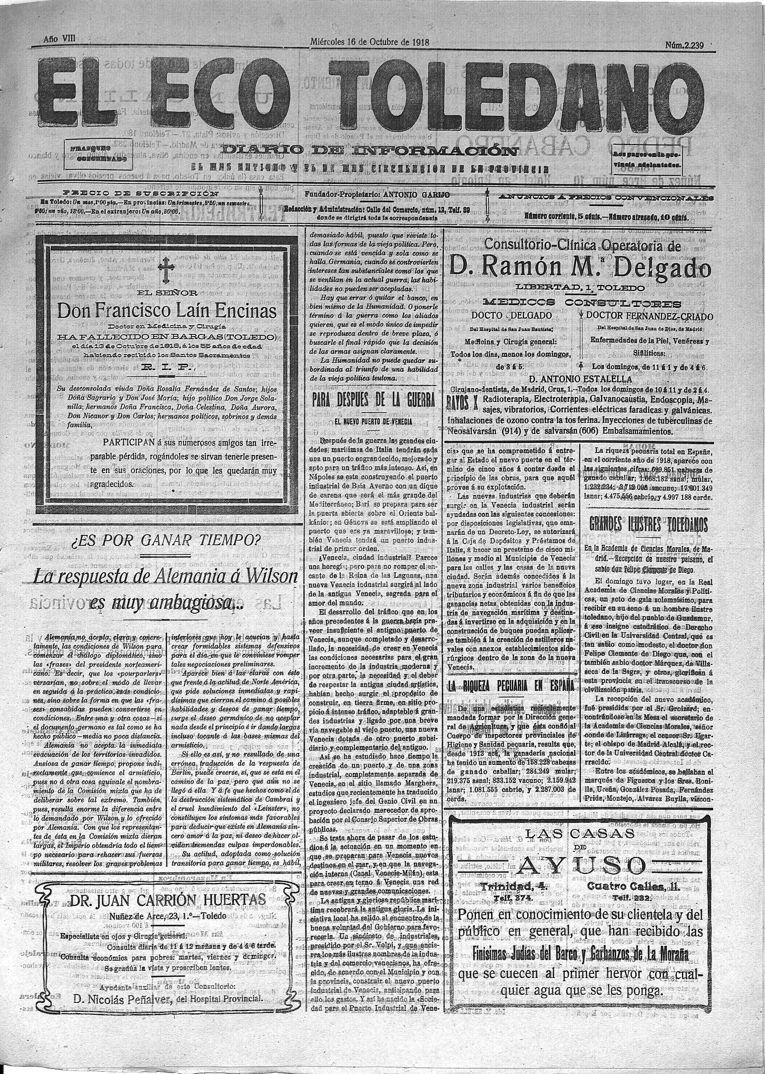 Esquela de Francisco Laín Encinas - El Eco Toledano, 16-oct-1918, nº 2.239, p. 1