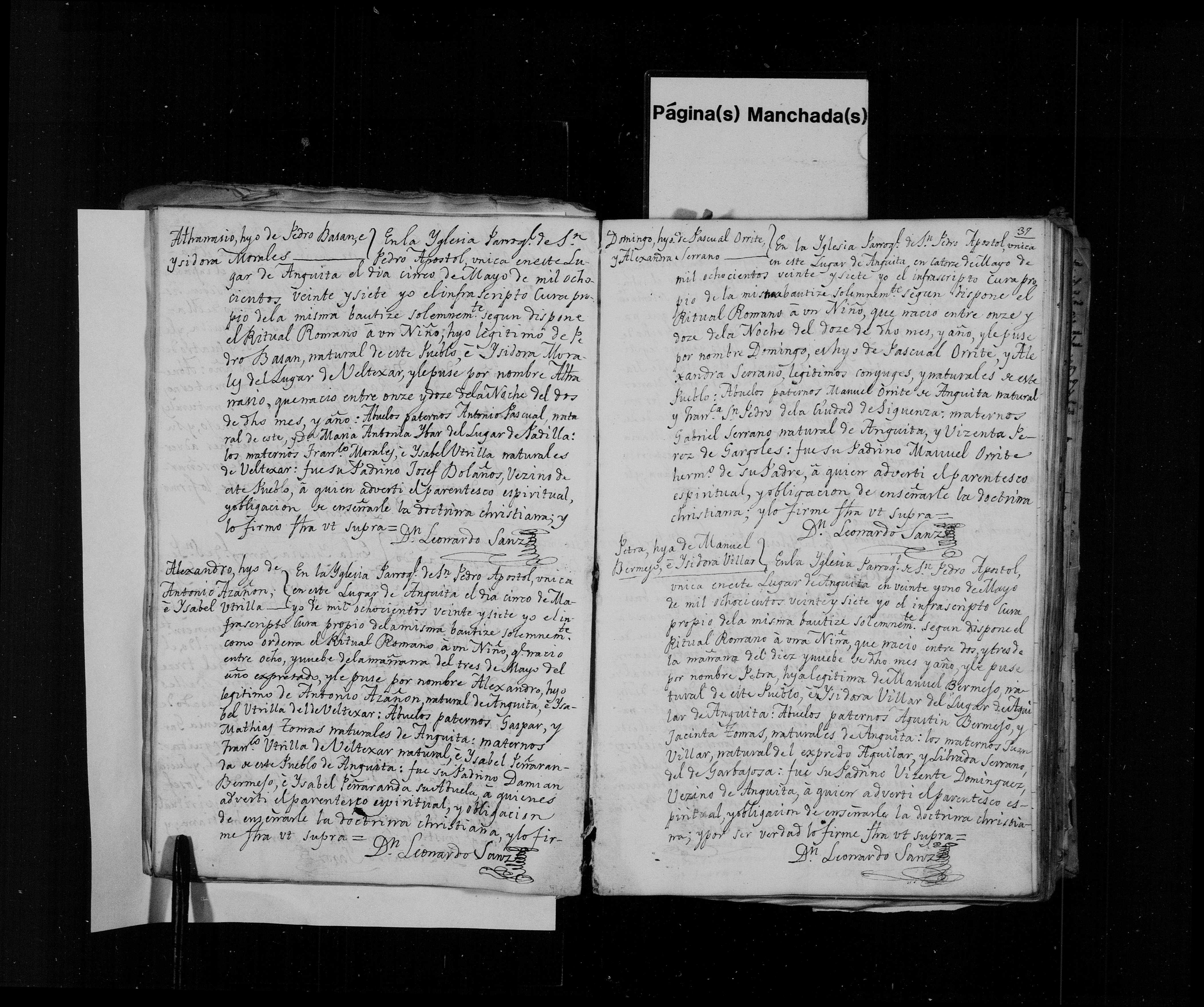 Bautismo de Atanasio Basán Morales, Anguita: n. 2-may-1827, baut. 5-may-1827