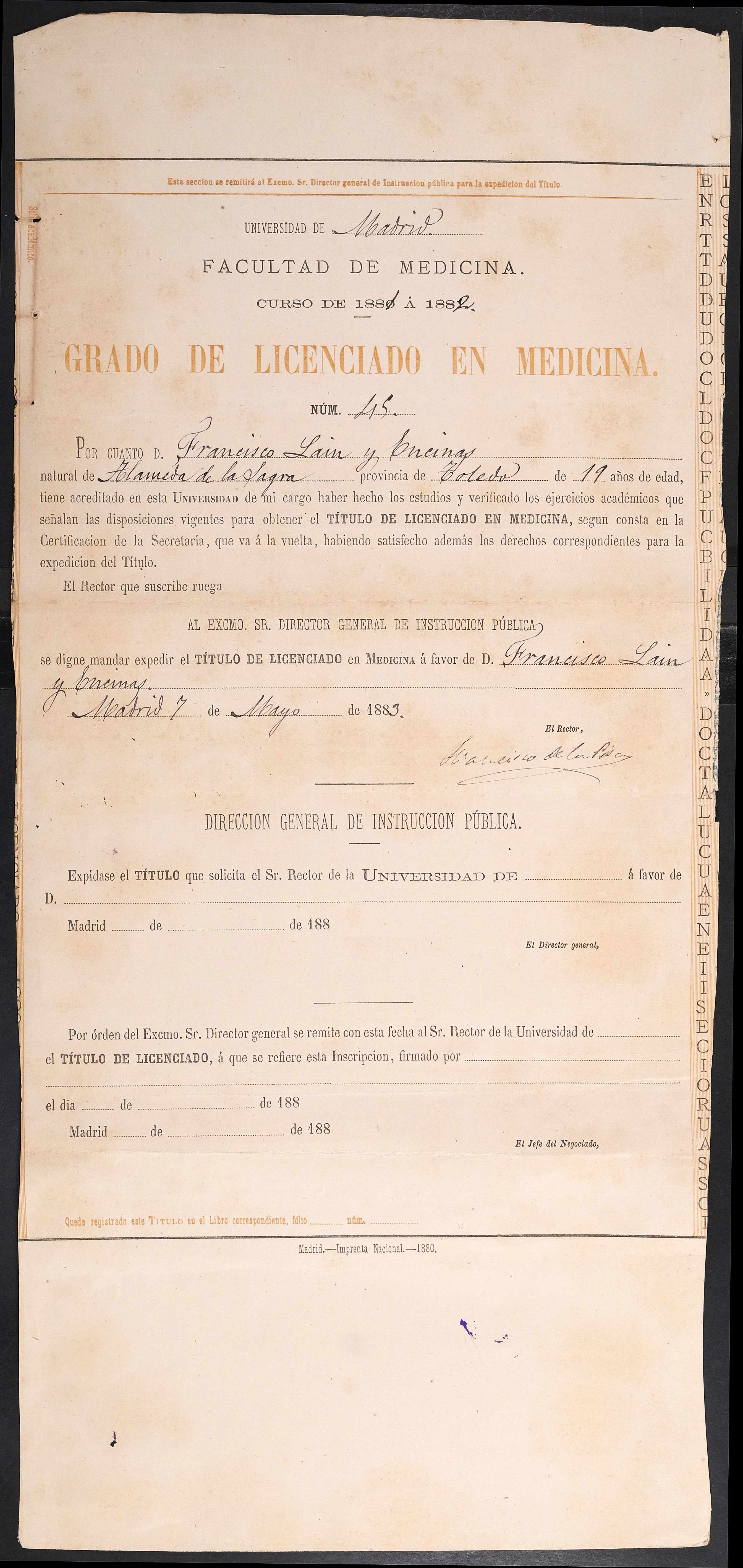 Universidad de Madrid, Facultad de Medicina - título de Licenciado en Medicina de Francisco Laín y Encinas, expediente 445 (7-may-1883)