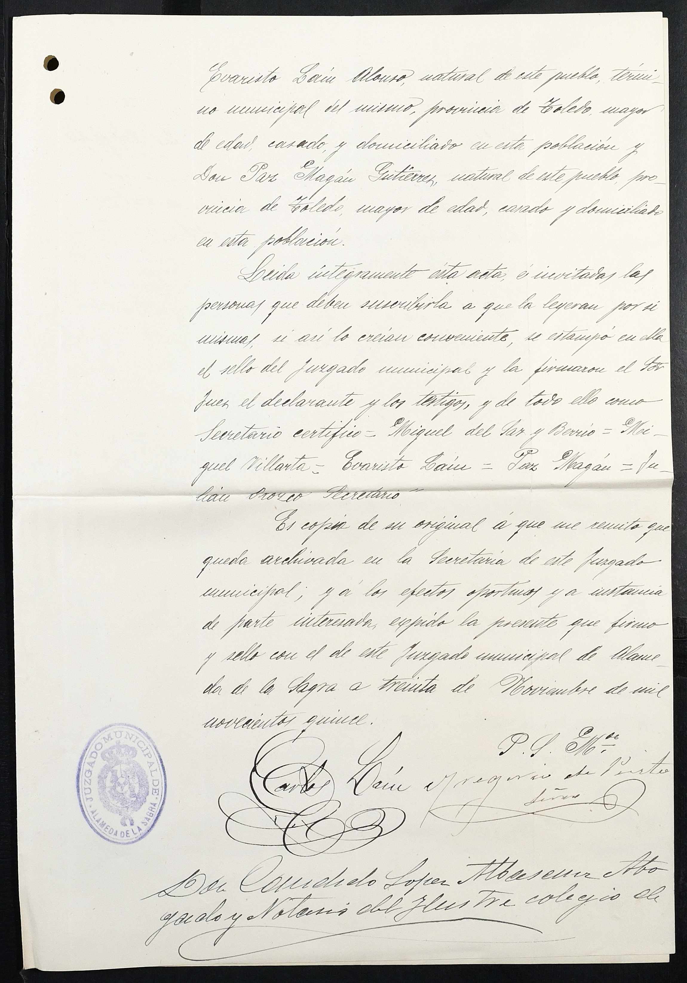 Registro Civil de Alameda de la Sagra, inscripción 9 de 1886 (página 3) - testigos Evaristo Laín Alonso y Paz Magán Gutiérrez; copia expedida el 30-nov-1915